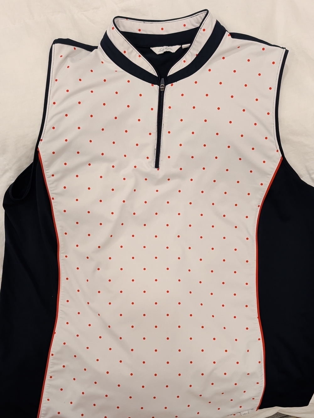 Womens Sleeveless Golf Top - White with Red Dot Accents